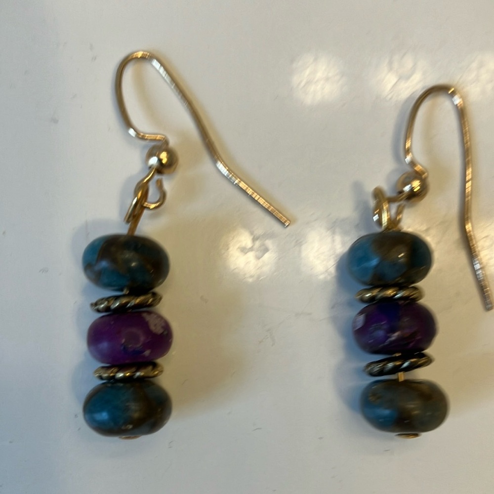 Gold and Purple Dangle Earrings with Glossy Beads